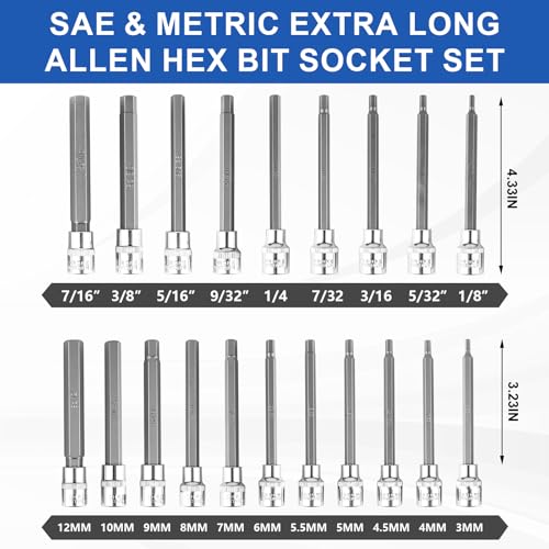 20PC Extra-Long Allen Hex Bit Socket Set, S2 Steel Hex Head Socket