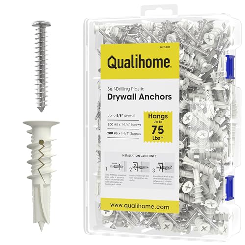 Qualihome Drywall Anchors with Screws – Self-Drilling Drywall Anchors, Anti-Spin Grip, No Pre-Drill Wall Anchor Kit, Strong & Reliable Hold, 200 Pack (400 Pieces) - style: 200 Pack (400 Pieces)