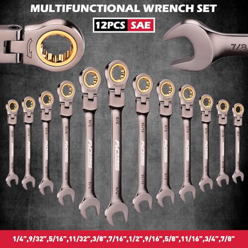 SEDY Premium 12-Piece SAE Flex-Head Ratchet Wrenches Set 1/4"-7/8" with Magnetic Organizer, Cr-V Steel Ratcheting Wrench Set with 72 Teeth 180° Flex Head, Ratchet Combination Wrench Set for Repair - style: 12-Piece Flex-Head (SAE)