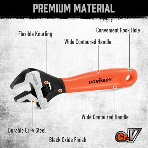 HORUSDY 6" Adjustable Wrench Pipe Spanner: Wide Jaw Black Oxide Wrench With Cushion Grip, Laser Marked Metric & SAE Scales, CR-V Steel, for Professionals - style: 1PC 6" Wide Jaw Wrench