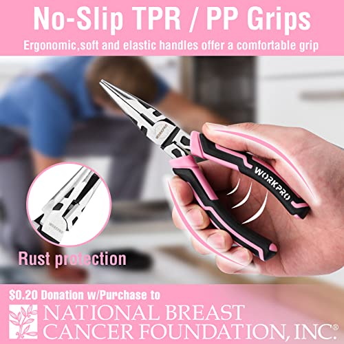 WORKPRO 4-Piece Pliers Set, Premium CR-V Construction Pliers Tool Sets | Including Long Nose, Diagonal Cutting, Groove Joint and Slip Joint Pliers - Pink - color: Pink