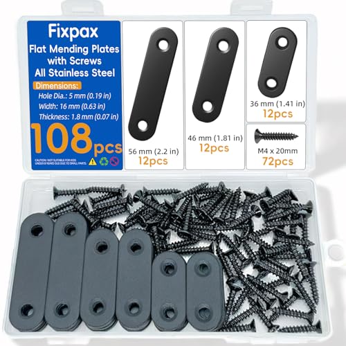108PCS Flat Mending Plates for Wood Metal Brace Brackets Stainless Steel Straight Wood Bracket with Screw Holes 1.4"/1.8"/2.2" inch(Black) - color: Black