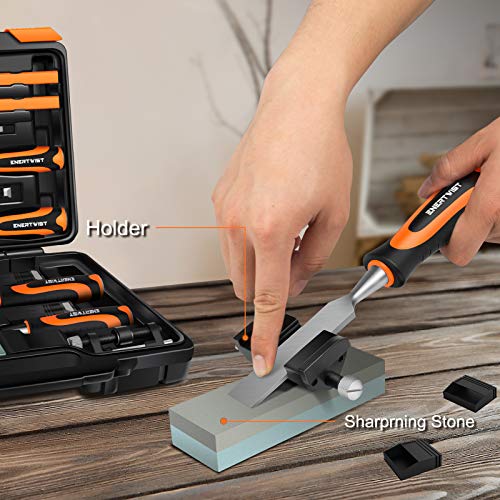 ENERTWIST 13pcs Wood Chisel Set, Premium Woodworking Chisel Sets w/ 8 CRV Construction Wood Chisels, 1 Sharpening Stone, 1 Honing Guide, 2 Carpenter Pencils, 1 Sharpener for Wood Carving in Hard Case | 8 CRV Construction Wood Chisels, 1 Sharpening Stone H