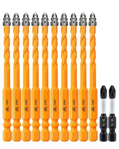 Upgraded Tile and Masonry Drill Bit Set 1/4"(6mm), EXFEIN Serrated Drill Bits Set - 10-Piece Carbide Drill Bits and 2-Piece Magnetic Screwdriver Bits for Wood Plastic Tile Concrete Brick Marble - size: Set 6(12-Pack)