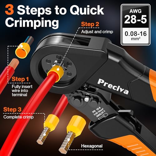 Preciva Ferrule Crimping Tool Kit - AWG 28-5 Hexagonal Ferrule Crimper with Automatic Wire Stripper and 1375Pcs Single/Twin Ferrule Connectors, Self-Adjustable Ratchet Ferrule Terminals Crimping Tool