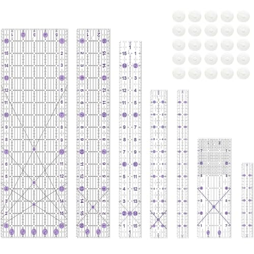 Quilting Ruler, Sewing Ruler, 8 Pack, Acrylic Quilting Templates(6"x17", 3"x17", 2"x16", 1.5"x12", 1"x12", 1"x6", 8"x3"), Non Slip Rings 25 Pieces, Sewing and Quilting Supplies - Clear/Purple - color: Purple
