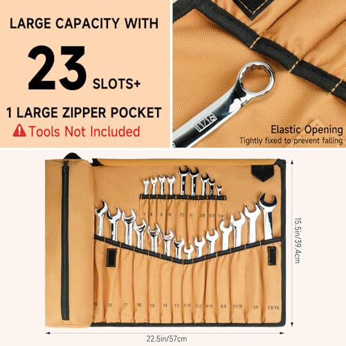 23+1 Pockets Wrench Roll Organizer,Metric/SAE Wrench Roll Up Pouch,No Tools - color: Brown