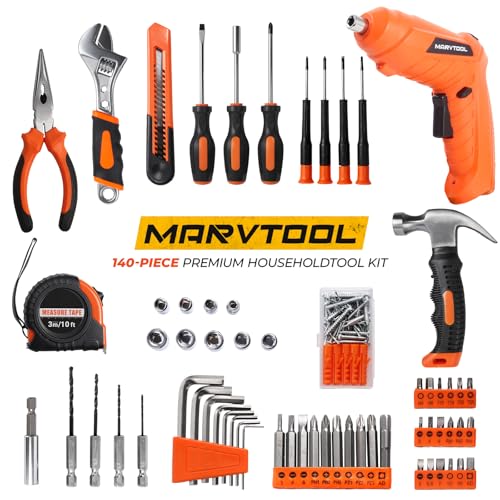 140 Piece Basic Tool Set, Portable Tool Box with Cordless Drill, Home Repair Hand Tool Kit, General Household Drill Set, Toolbox with Storage Case for Homeowner, DIY, Handyman, Women, Men