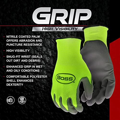 Boss Men's High Visibility Nitrile Coated Work Gloves, 5-Pack, High Dexterity, Enhanced Grip, Abrasion Resistant, Water Resistant, Large, Green/Black, (B31211-L5P)
