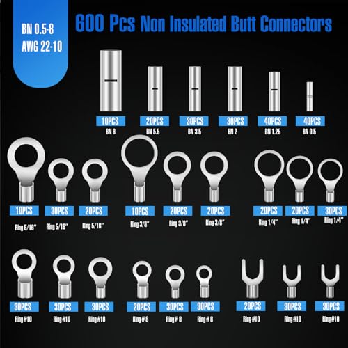 Tellegloww 600pcs Non Insulated Ring Terminal Kit, Fork Butt Connectors