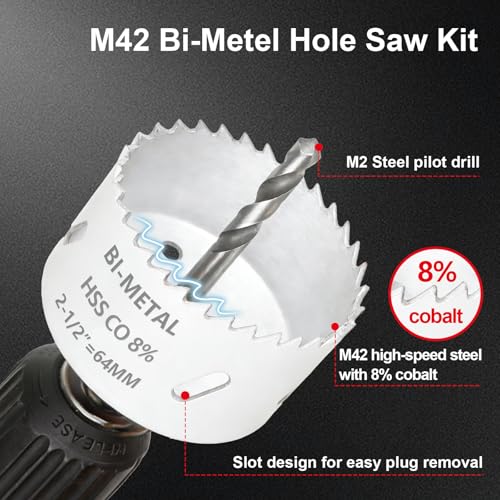 Greywolf 15 pcs Bi-Metal Hole Saw Set, M42 8% Cobalt HSS Hole Saw Kit with 3/4"-2-1/2" (19-64mm) 9-Piece Hole Saw Blades, Box with Arbor, Drill Bit, Hex Key, for Metal, Wood, Plastic - color: White