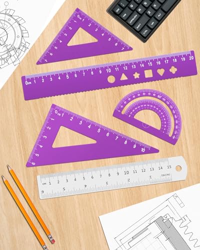 Honagu Triangular Ruler Set, 4+1Pieces Aluminum Alloy Ruler, Metal Drafting Ruler, Geometric Protractor for Students, School Office Supplies (Purple, 20cm) - color: Purple