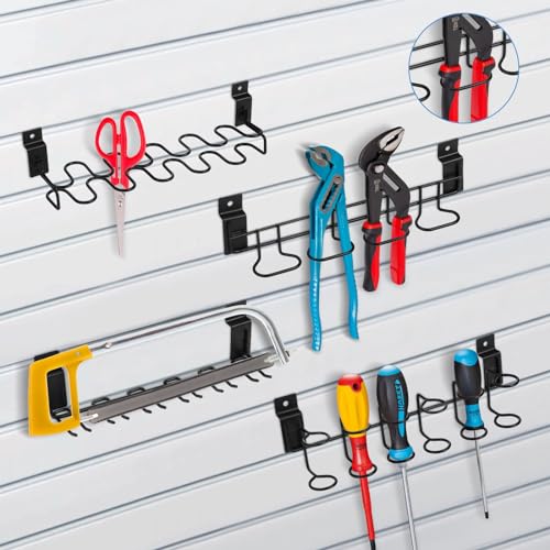 8 Pcs Slatwall Screwdriver Holders Stainless Steel Slat Wall Hooks Slat Boards Organizer Shelving Display Tool Rack Multi Ring for Workbench, Garage Tool Storage