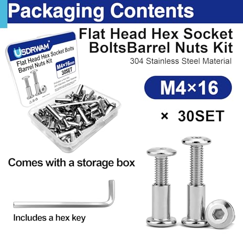 30 Sets M4 x 16mm Barrel Nuts and Bolts, Hex Socket Binding Screws - size: 30 Sets M4 x 16 mm