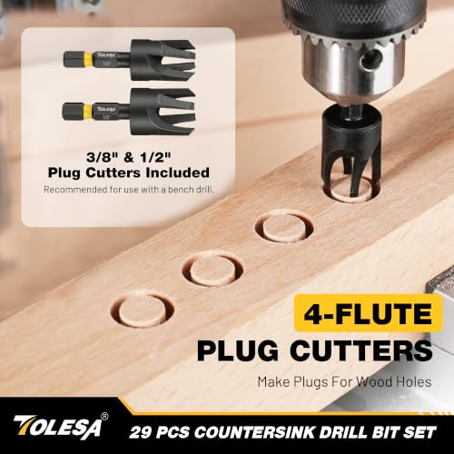TOLESA Countersink Drill Bit Set, 29 PCS Counter Sink Drill Bit for Wood with 2PC Wood Plug Cutters, Magnetic Extension Bit Holder, Screwdriver Bits, Storage Case