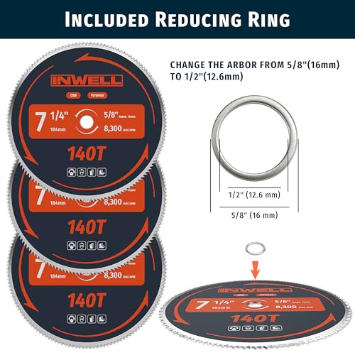 7-1/4-Inch 140 Tooth Plywood, Softwood, OSB Cutting Circular Saw Blade with 5/8"-1/2" Bushing - 3 Pack - size: 7-1/4" 140T