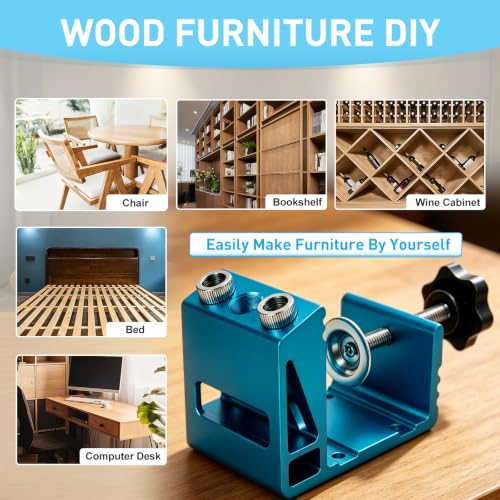 Pocket Hole Jig Kit with Drill Guide Joint 15 Degree Woodworking Inclined Hole Angle Tool Dowel Drill Pocket Joinery Screw Set Kit Adjustable Drill Jig Guides Joint Carpentry Locator Woodworking Tool