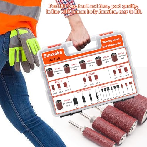187-Piece Sanding Drum Kit for Drill & Drill Press – Includes 2inch Spindle Sander Sleeves (60/80/120/240 Grit), 4 Rubber Sanding Drums, 1/4-Inch Shank,Versatile Sander Accessory with Box - color: 187pcs-2inch