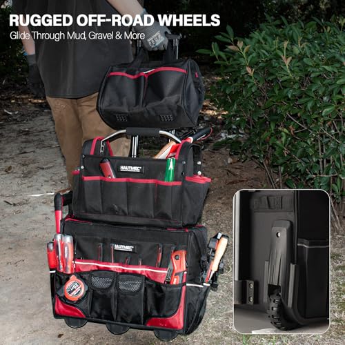 HAUTMEC 3-Piece Rolling Tool Bag Set, 18" Wheeled Tool Bag, 15" Open Top Tool Tote & 12" Wide Mouth Small Bag, Heavy-Duty 1680D Water-Resistant Tool Storage with Off-Road Wheel & Telescoping Handle - style: 3-Pcs Set | Black
