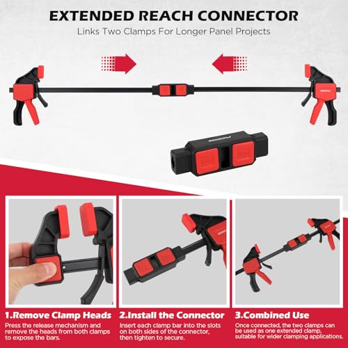 3-Pack 12 Inch Bar Clamps for Woodworking with Clamp Connector, 12" Quick-Release Wood Clamps with 150 LBS Load Limit, Trigger Clamp Set, One-Handed Clamps/Spreader Ideal for Woodworking DIY Projects - style: 12" (3-Pack) | Extends to 24"+