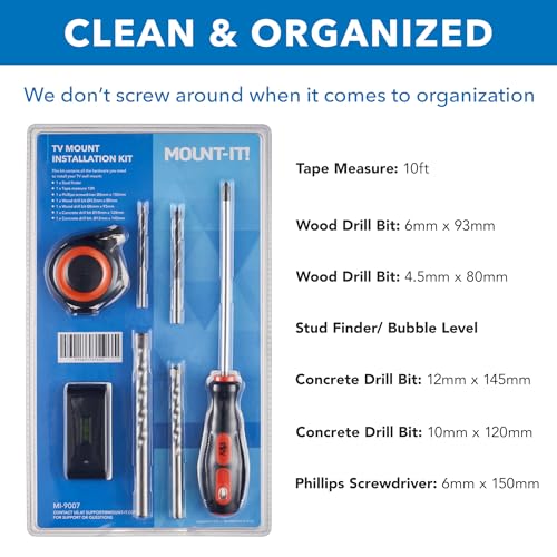 Mount-It! Universal TV Mount Installation Kit, 7-Piece Set Includes 2 Wood Drill Bits, 2 Concrete Drill Bits, 1 Stud Finder with Bubble Level, 1 Tape Measure, 1 Philipps Screwdriver
