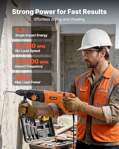 VEVOR Rotary Hammer Drill, 1-1/8 in SDS-Plus Electric Corded Heavy Duty Rotary Hammer, 4 Functions, Including 3 Drill Bits, Flat Chisel, Pointed Chisel, and Carrying Case, for Concrete and Masonry - size: 1-1/8 in