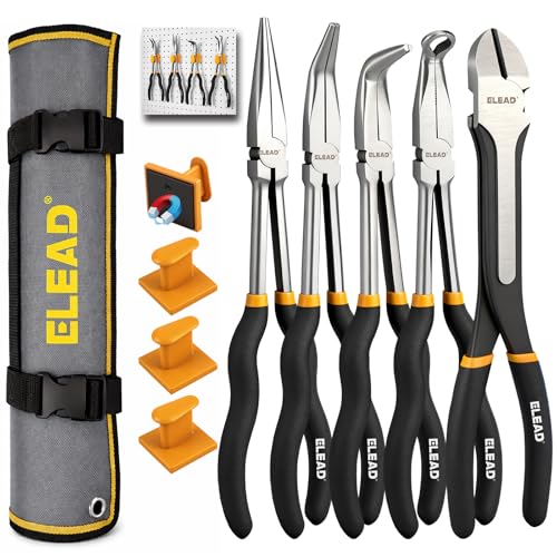 5-Piece 11 Inch Long Needle Nose Pliers Set with 4 Magnetic Plier Racks, Extra Long Reach Pliers Set, 45° & 90° Bent Needle Nose Pliers, Circle Nose and Diagonal Pliers for Tight Spaces - style: 5pcs Long Needle Nose