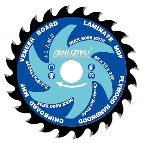 Super Thin Kerf 3-3/8"(85mm)-24T, Wood Working Mini Circular Saw Blade | Anti-Stick Coating, Arbor 15mm with 3/8“(10mm) Wahser, For Laminate, Veneer Board, Plywood, Hard wood, MDF and HDF Cutting - size: 3-3/8"(85mm) 24T Wood