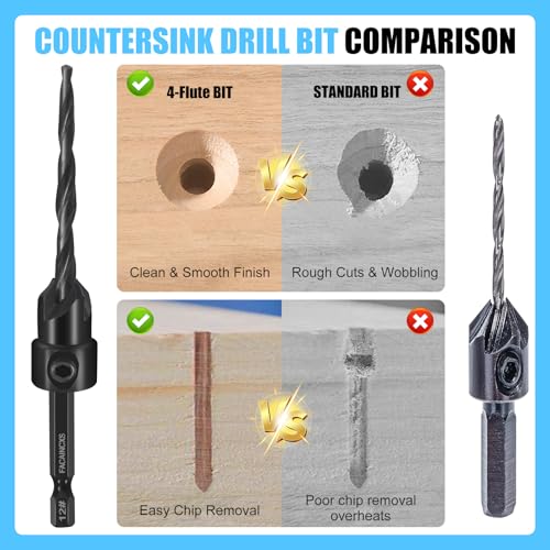FACAINCXS Countersink Drill Bit Set for Wood, 16 PCS High Speed Steel Woodworking Tapered Drill Bits Counter Sink Drill Bit with 2PCS 1/4" Hex Shank Wood Plug Cutter Quick Change with Storage Box