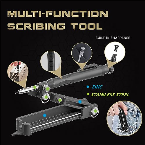 Multi-function Scribing Tool, Zinc Alloy Smart Scribe Tool with Solid Carpenter Pencil, DIY Scribe Tool Woodworking, Gauge Scriber Line Maker, Measuring Tool with Scale, Red - color: Red