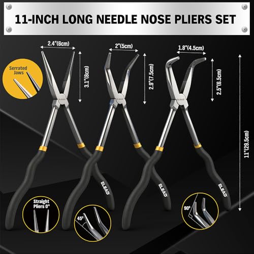 5-Piece 11 Inch Long Needle Nose Pliers Set with 4 Magnetic Plier Racks, Extra Long Reach Pliers Set, 45° & 90° Bent Needle Nose Pliers, Circle Nose and Diagonal Pliers for Tight Spaces - style: 5pcs Long Needle Nose