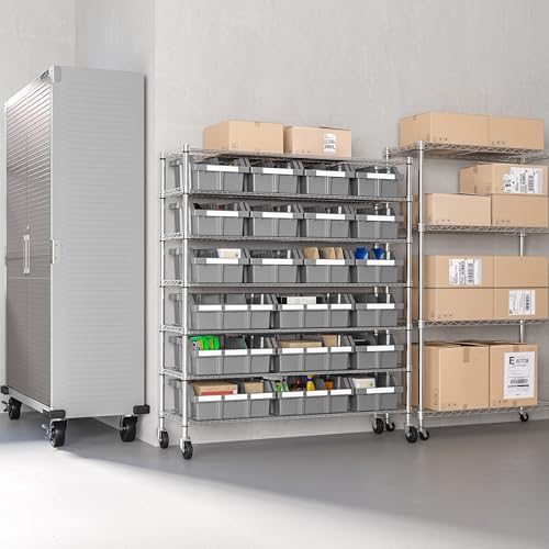 7-Tier NSF 21-Bin Steel Wire Shelving Rack, 48"W x 14"D x 56"H, Gray | 21 slide-out bins with tilt-lock design keep supplies organized, accessible - color: Gray, size: Includes 21 Bins