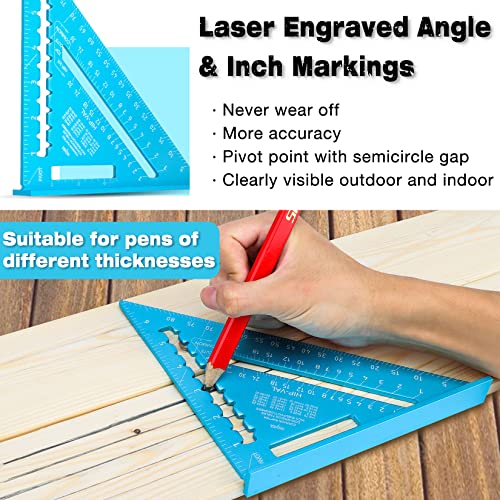 SHALL Rafter Square & Combination Square Tool Set, 7 Inch Aluminium-Alloy Carpenter Square & 16 Inch Zinc-Alloy Woodworking Framing Combo w/Stainless Steel Ruler, 2 Carpentry Pencils, Scriber