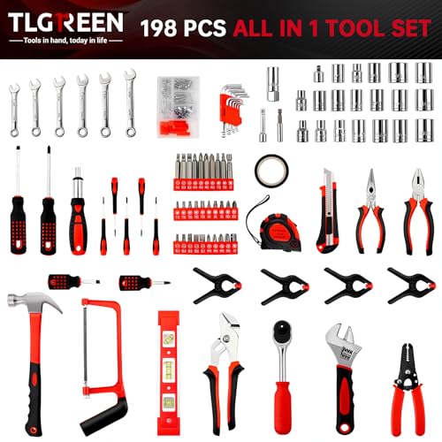 TLGREEN 198 Piece Tool Set, Tool Kit for Home,Basic Tools with Tool Box, Screwdrivers,Socket Adaptor,Adjustable Wrench,Pliers, Household Hand Tool Set for Car,Truck,Bicycle, Home, Dorm, Garage