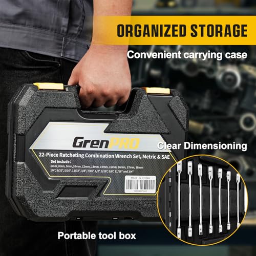 GRENPRO 23PCS Ratcheting Wrench Set Metric & SAE Combination Open End - style: 23PCS Ratcheting Wrench Set