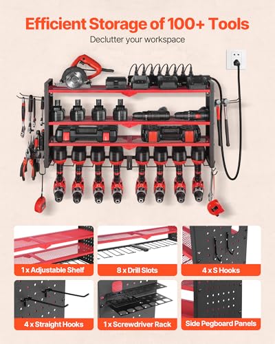 VEVOR Power Tool Organizer with Charging Station, 4-Layer Drill Storage Rack with 8 Drill Holders & Side Pegboard, Garage Tool Organizer Built in 8 Outlet Power Strips for Garage, Workbench, Workshop - size: 4-Layer 8 Drill