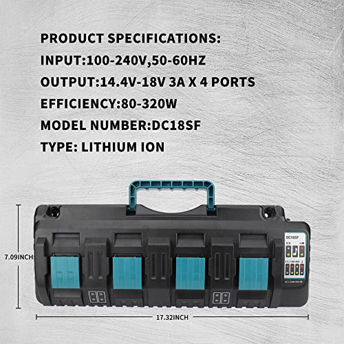 Choerinton 4-Port Battery Charger DC18SF for Makita 14.4V-18V LXT Lithium-Ion Batteries with 2 USB-A Ports, Compatible with BL1860B BL1850B BL1840B BL1830B (Charger Only)