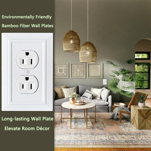 Classic Architecture Wall Plates,Light Switch covers, Electrical Outlet Covers, Duplex receptacle wall plates,Mid Size Bamboo Fiber Material Switch plates Pure White (1 Gang Duplex 4PK)