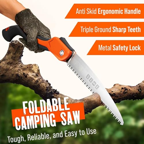 Folding Camping saw 11 Inch - Heavy Duty Pruning Saw with Triple-Cut SK5 Blade, 7 TPI Razor Teeth for Tree Trimming, Wood Cutting, Camping, Bushcraft, and Gardening - size: 11 INCH (Orange)