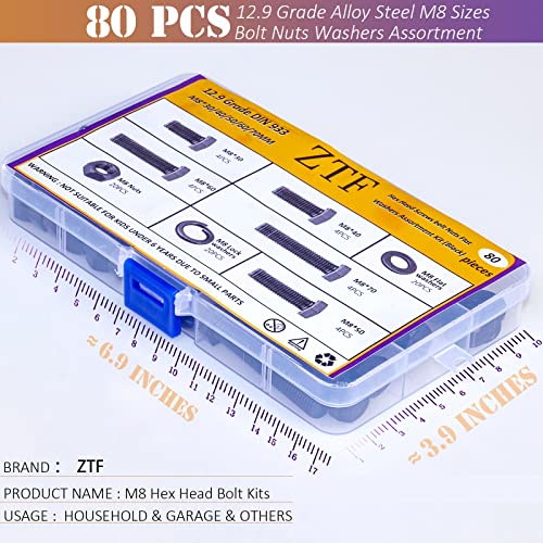 ZTF m8 x 1.25 Bolt, Nuts and Bolts Assortment Kit, 80Pcs - style: black-M8 Hex Bolts