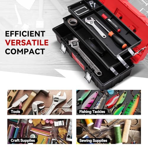 Auto Dynasty 3-Layer Folding Tool Box, Portable w/Non-Slip Handle Tray, Red - color: Red, size: 3-Layer