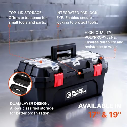 Black Canyon 19 Inch Portable Plastic Tool Box, 19 in × 9.6 in × 8.3 in, Padlockable 1 Piece 19 in - size: 19 IN/PLAS