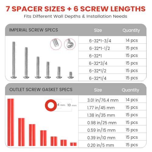 193PCS Outlet Spacers Kit for Electrical Box, 104 Outlet Screw Spacers with 89PCS 6-32 Flat Head Mounting Screws, Electrical Outlet Extender Kit for Switches, Receptacles and Wall Plates