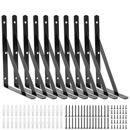 10 Pack L12 x H 8" Heavy Duty Shelf Brackets with Screws Open Floating Shelving Bracket L Brackets Black Metal Shelf Brackets for Shelves, Room, Pantry,Garage - size: L 12" x H 8" x W 1", style: 10 Pack-Black