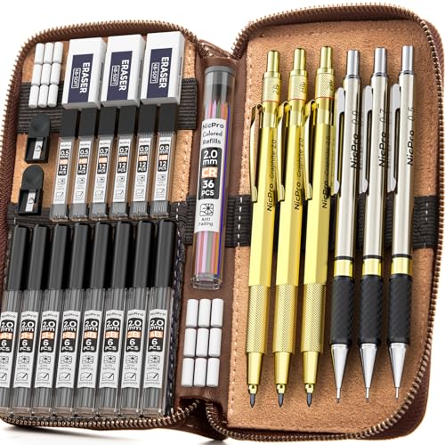 Nicpro 30PCS Art Mechanical Pencils Set in Leather Case-Gold - color: Gold