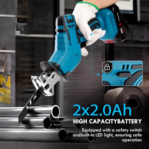 Reciprocating Saw Cordless, Variable Speed 3000 RPM Brushless Motor with 8 Saw Blades, 2 x 2.0Ah Batteries, LED Light, Tool‑Free Blade Change, Portable for Wood PVC Cutting