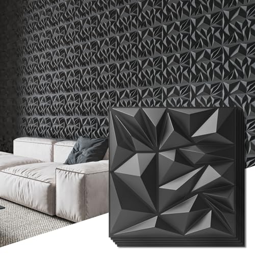 Art3d 50-Pack Modern Diamond Textured 3D Wall Panels, 12 x 12 in, Black - color: Black, size: 12x12 Inch 50 pcs