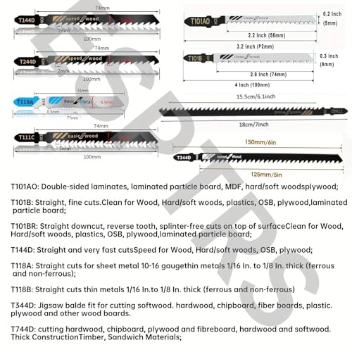 60Pcs Jigsaw Blades Set, Contractor Assorted T Shank Jig Saw Blades, Multi-Purpose HCS/HSS Blades for Cutting Wood/Plastic/PVC/Metal (T118A T118B T101AO T101D T101B T101BR T144D T244D T111D T111C)