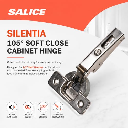2 Pack Salice Silentia 105 Degree Soft Close Cabinet Hinge, 1/2 Inch Half Overlay, Concealed European Hinge for Kitchen Cabinet Doors, Face Frame & Frameless, Screw-On - SA105C1P6DE9