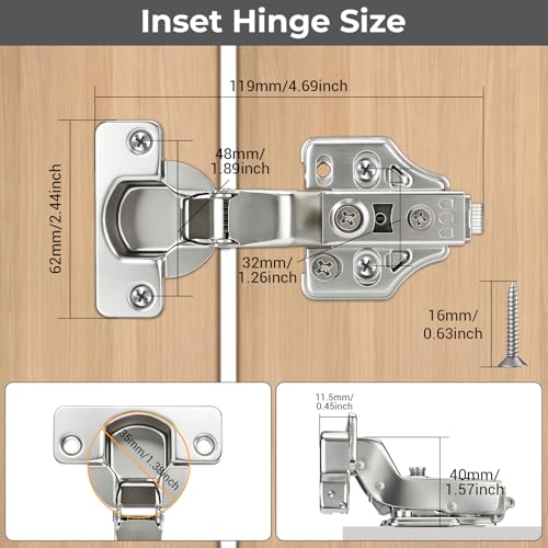 4 Pcs 105° Soft Close Cabinet Hinges 35mm, 3D Inset Hinge - size: Inset